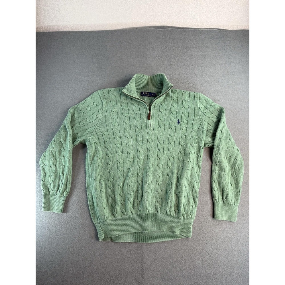 Polo Ralph Lauren Sweater Mens XL Green Silk Cable 1/4 Zip Mock Neck Pullover